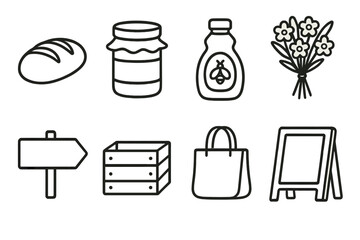 Market Icon Set. Farmers & Makers outline icon set: bread loaf, jam jar, honey bottle, flower bouquet, market sign, crate, tote bag, chalkboard.