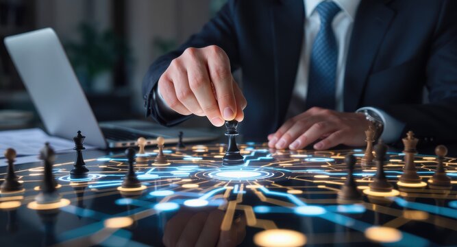 financial  freedom  independence  strategy  businessman concept. Businessman strategizing over a futuristic chessboard.