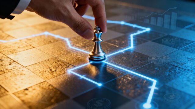 financial  freedom  independence  strategy  businessman concept. Hand placing a chess piece on a digital board with graphs and data.