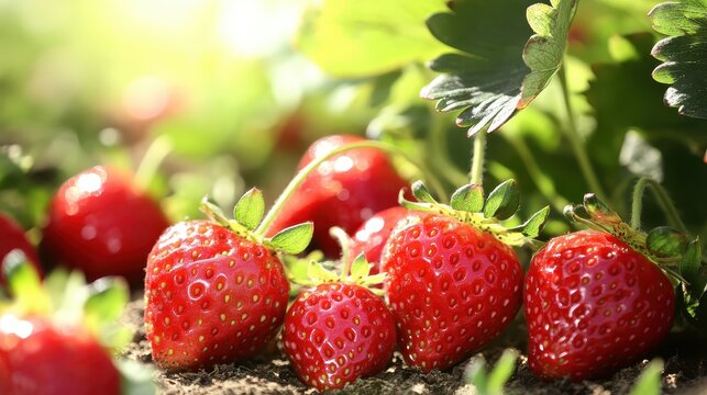 CloseUp View of Fresh Organic Strawberries in Bright Sunlight - Powered by Adobe