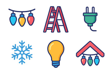 Festive Light Icons. Holiday Light Installation modern flat icon set: string lights, ladder, plug, snowflake, bulb, house roof.