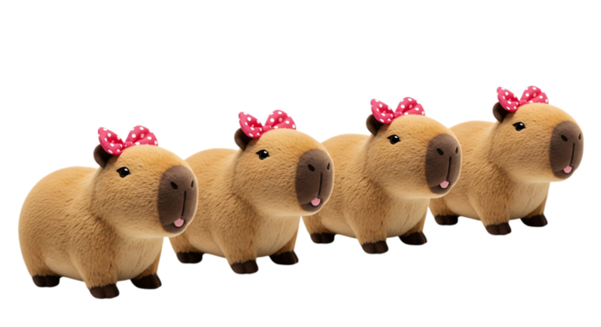 Four cute capybara plush toys with pink bows isolated on transparent background, perfect for childrens gifts and animal lovers
