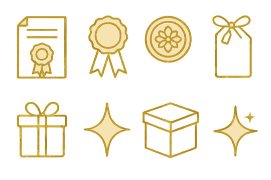 Elegant Gold Embossments. Elegant Gold Theme outline icon set: embossed paper, gold seal, ribbon detail, champagne hue, glowing ornament, folded tag, polished box, glimmering star.