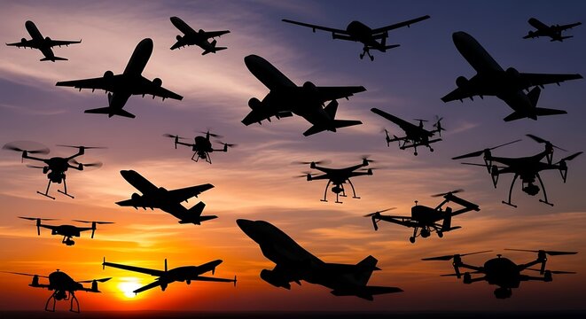 Silhouettes of various aircraft and drones flying against a vibrant sunset sky.