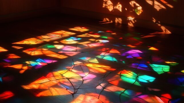Colorful stained glass shards refracting light on a dark surface