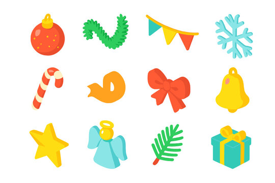 Vibrant Holiday Ornaments. Holiday Tree Ornament Set modern flat icon set: glitter ball, tinsel, garland, snowflake, candy cane, ribbon, bow, bell, star, angel, pine sprig, small