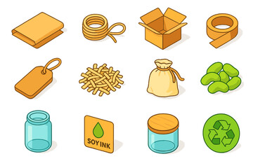 Eco-Friendly Packaging Icons. Eco Packaging Materials modern flat icon set: kraft paper, jute twine, cardboard box, paper tape, wooden tag, shredded paper, cloth bag, cornstarch
