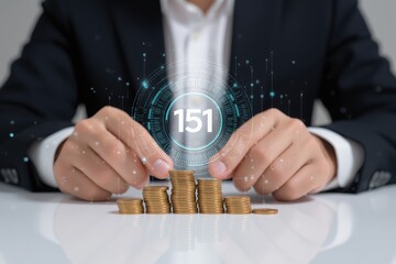 financial freedom independence strategy businessman concept. Hands managing coins with a digital overlay representing value.