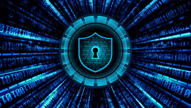 Digital shield with keyhole symbol over binary code background representing cybersecurity data protection and online network privacy concept