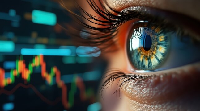 financial  freedom  independence  strategy  businessman concept. Close-up of an eye with financial graphs in the background.
