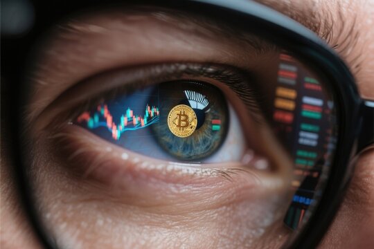 financial  freedom  independence  strategy  businessman concept. A close-up of an eye reflecting cryptocurrency and stock market data.