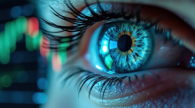 financial  freedom  independence  strategy  businessman concept. Close-up of a human eye with digital financial graphs in the background.