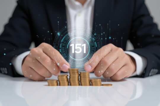 financial  freedom  independence  strategy  businessman concept. Hands managing coins with a digital overlay representing value.