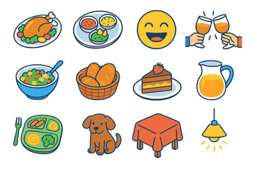 Fototapeta premium Isometric Family Feast Icons. Family Gathering Feast modern flat icon set: large platter, shared dishes, laughter icon, hands clinking glasses, serving bowl, bread basket, dessert