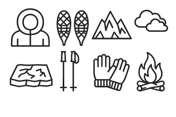 Polar Exploration Icons. Polar Journey outline icon set: parka hood, snowshoes, ice peaks, frozen ground, ski poles, wool gloves, campfire, cloudy sky.