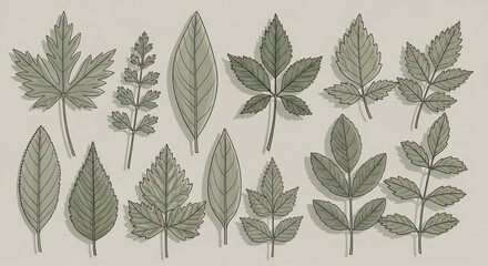 A collection of diverse botanical illustrations showcasing various leaf shapes and structures against a light background.