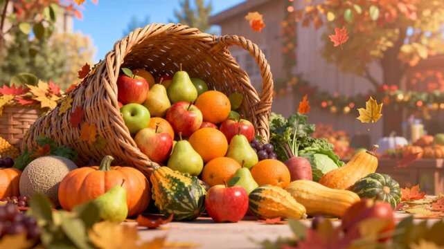 seamless loop animation detailed 3d cornucopia overflowing with colorful seasonal fruits vegetables gourds high saturation festive holiday display perfect for thanksgiving autumn or harvest broadcast