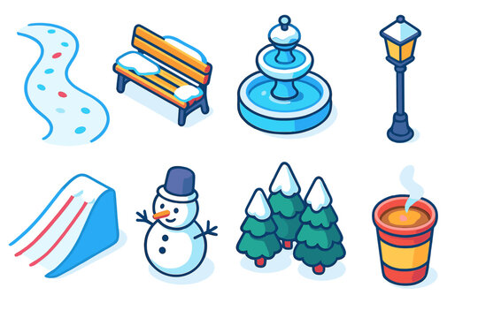 Winter Park Icons. City Park in Winter modern flat icon set: snowy path, park bench, frosted fountain, lamppost light, sledding hill, snowman, winter tree line, hot drink cup.