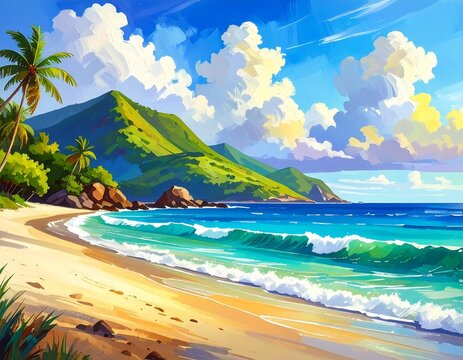 Sunny tropical beach scene with lush green mountains and fluffy clouds