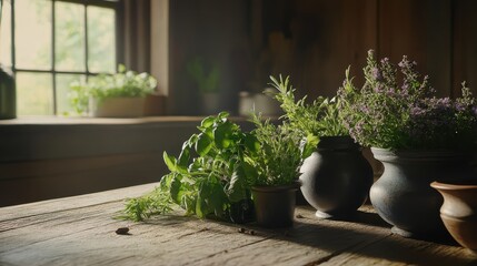 Fresh Herbs and Spices on a Rustic Wooden Kitchen Counter