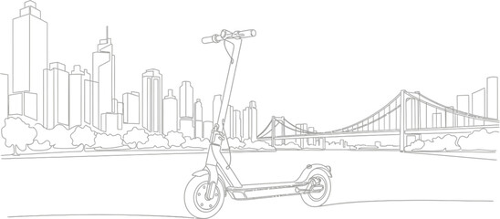 Obraz premium An electric scooter parked in front of a cityscape with skyscrapers and a bridge, depicting urban transportation and modern city life