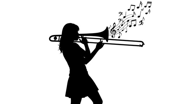 Silhouette of woman playing trombone with music notes illustration