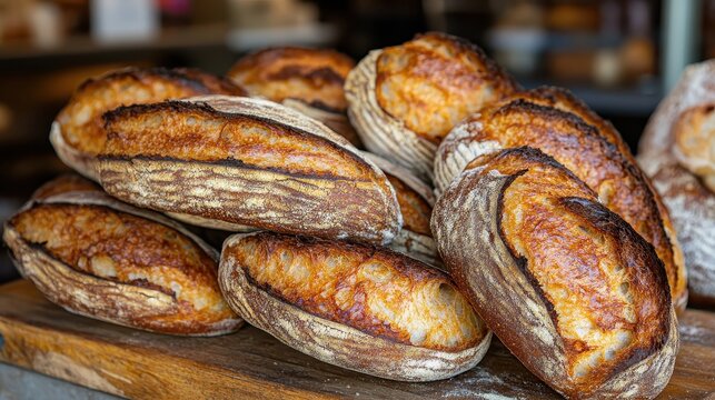 Golden brown artisanal bread loaves freshly baked for sale - Powered by Adobe