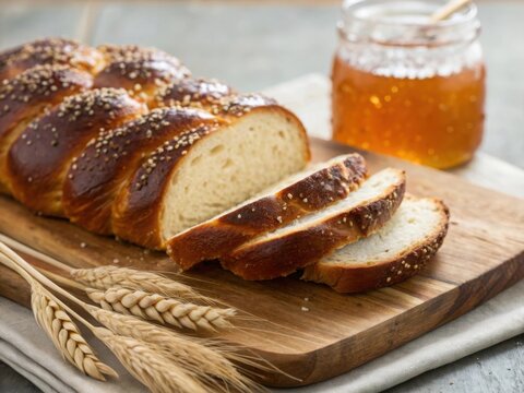 Freshly baked challah bread with honey and wheat stalks on a wooden board