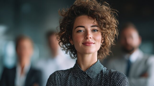 A confident young professional woman smiles at the camera, surrounded by colleagues in an office setting.