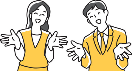 手を広げて案内する男女社員