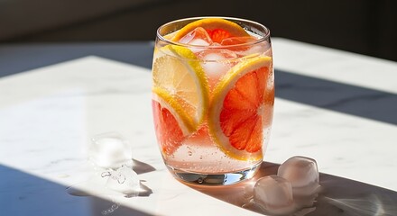 Refreshing Citrus Drink with Ice Cubes in Glass.