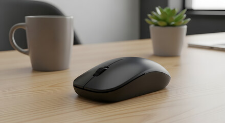Black computer mouse on a wooden desk with a mug and plant in the background