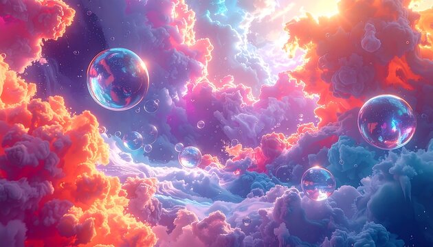 Surreal dreamscape with colorful, glowing clouds and floating spheres