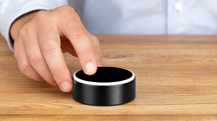 Person meticulously placing elegant black ring onto polished wooden table surface for display.