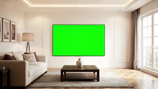 Static View of Green Screen Display with in cozy and well lit living room distortion, overlay, glitch, noise, scan lines on black background, 4k animated video loop