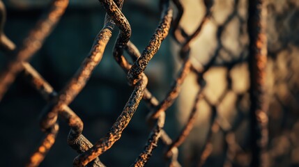 Rusty metal chain fence in close up details