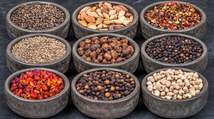 Various Spices and Herbs Displayed in Ceramic Bowls