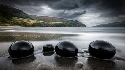 Polished obsidian pebbles with rainwater on a sandy beach
