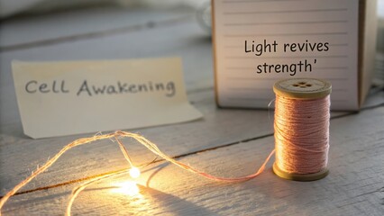 Creative workspace with sewing thread and glowing light signifying inspiration and revival of strength, ideal for artistic projects