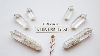 Crystals and Healing Stones with Inspirational Text on a Light Background Reflecting Growth and Renewal in Nature