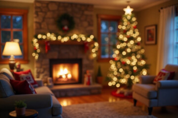 Defocused Background of Cozy living room with a glowing fireplace and festive Christmas tree decorated for a warm holiday atmosphere. Blurred Background. 3d rendering.