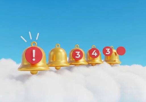 Golden bells with numbers and exclamation mark on clouds against blue sky background