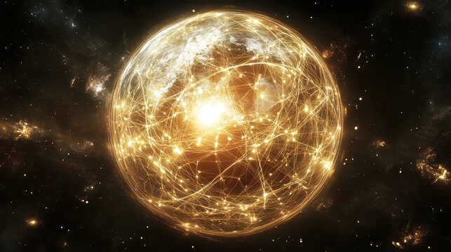 Stylized glowing globe formed of intertwined light strands