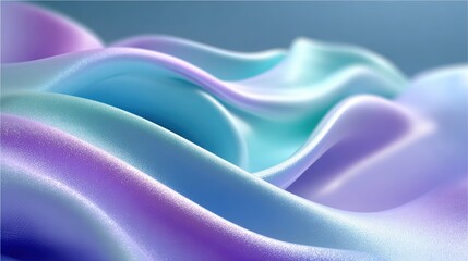 Fototapeta premium Smooth, flowing fabric in pastel shades of blue, purple, and teal with a soft, silky texture and gentle waves under soft lighting.