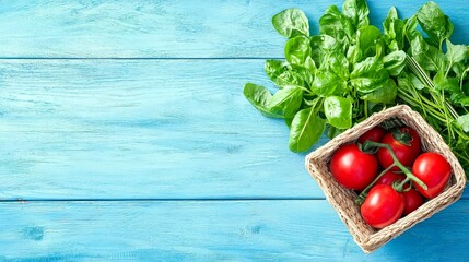 A basket of ripe red tomatoes sits next to a bunch of fresh green leafy vegetables on a rustic blue wooden surface.