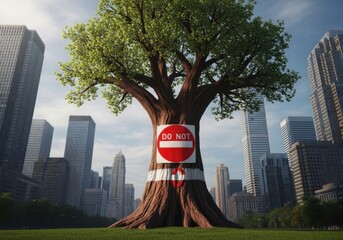 Tree with no entry sign in urban setting surrounded by skyscrapers and modern buildings