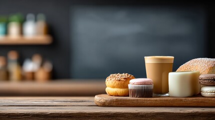 A cozy wooden table features a variety of baked goods and creamy beverages against a blurred dark background, evoking a warm, inviting cafe atmosphere.