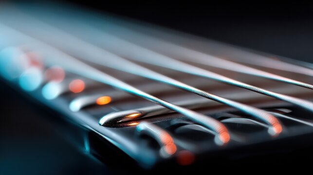Close-up image of steel guitar strings and bridge with blurred lights creating a bokeh effect in the background.