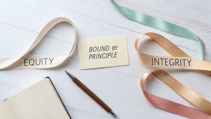 Inspirational desk scene featuring message of equity and integrity with decorative ribbons on white wooden background