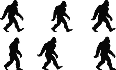 Bigfoot walking silhouette, gorilla-like figure, black and white, bipedal motion, character design, animation frame, posture variation, cryptid, outdoors